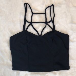 Tobi Black Crop top with strappy criss-cross chest detail Juniors Size XS